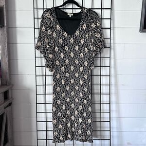 Haani Dress Womens M Tan Black Floral Crochet Knit‎ 3/4 Bell Sleeve Lined